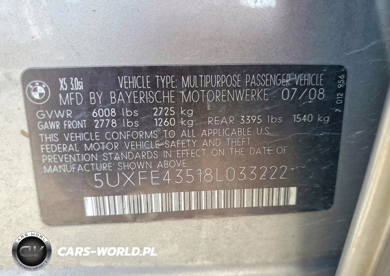 2008 BMW X5 3.0I VIN:5UXFE43518L033222 - 12