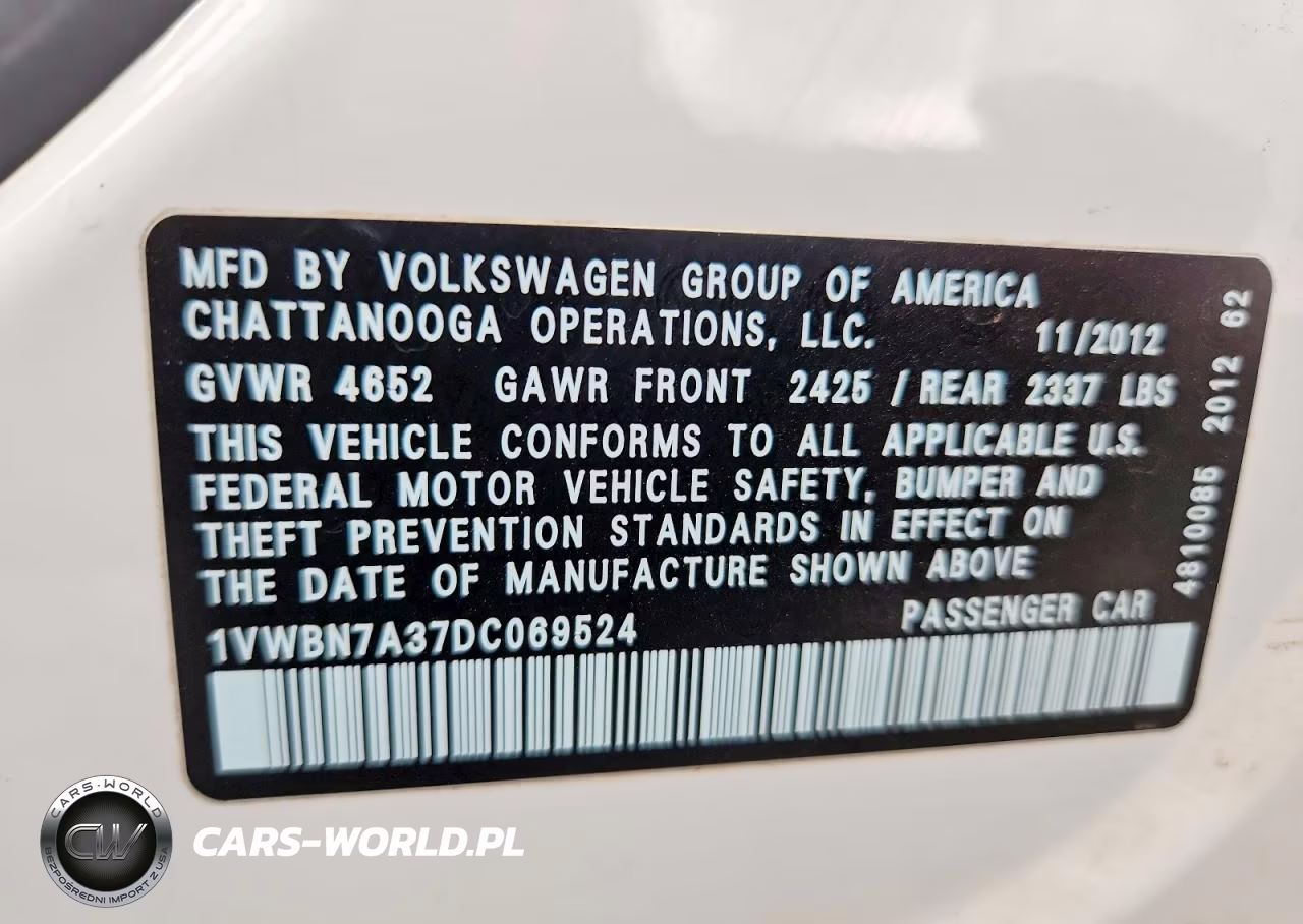 2013 Volkswagen Passat Se VIN:1VWBN7A37DC069524 - 13