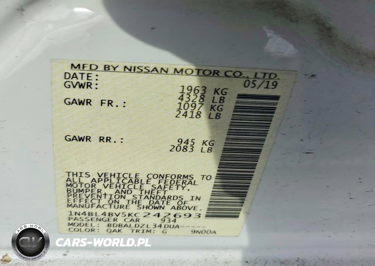 2019 Nissan Altima S VIN:1N4BL4BV5KC242693 - 12