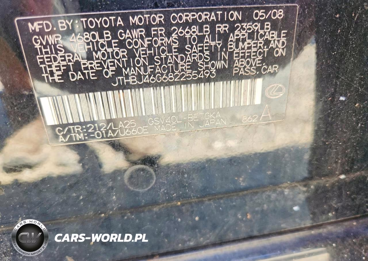 2008 Lexus Es 350 VIN:JTHBJ46G682255493 - 12