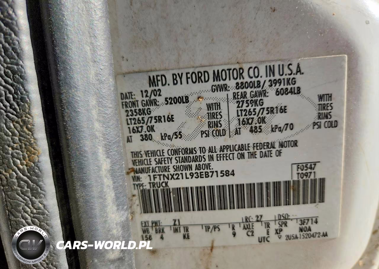 2003 Ford F250 Super Duty VIN:1FTNX21L93EB71584 - 13
