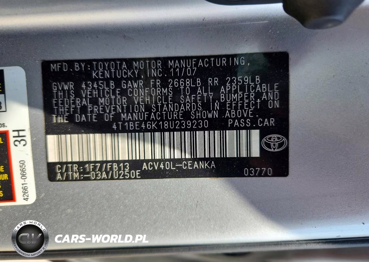 2008 Toyota Camry Base VIN:4T1BE46K18U239230 - 12