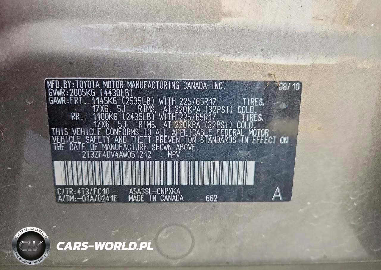 2010 Toyota Rav4 Base VIN:2T3ZF4DV4AW051212 - 12