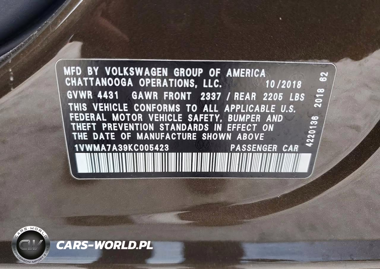 2019 Volkswagen Passat Se R-Line VIN:1VWMA7A39KC005423 - 12