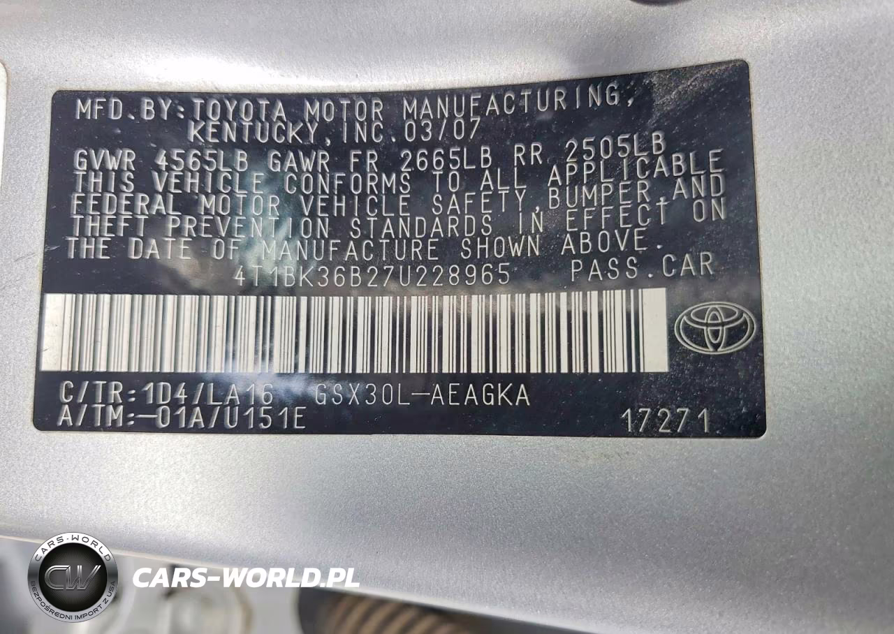 2007 Toyota Avalon Xls VIN:4T1BK36B27U228965 - 12