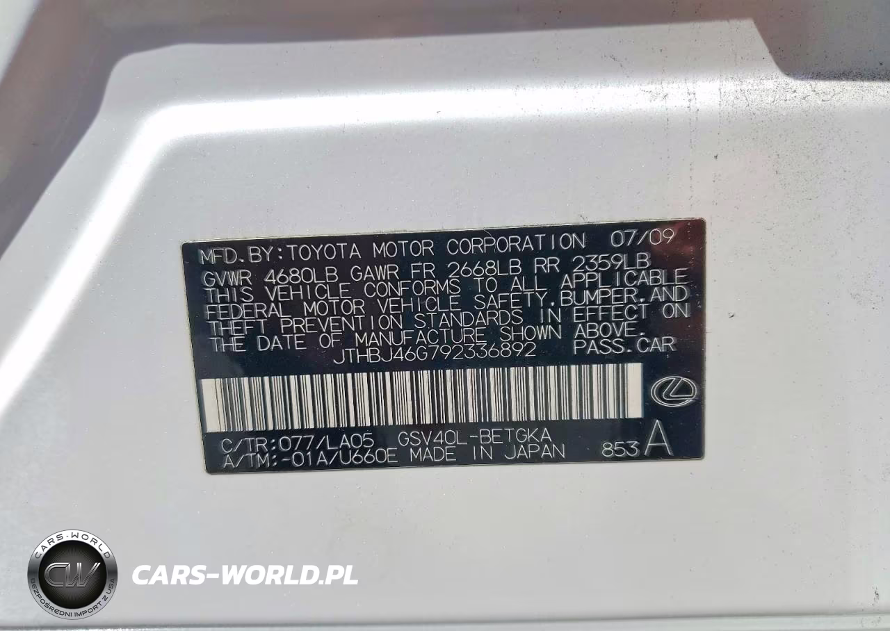 2009 Lexus Es 350 VIN:JTHBJ46G792336892 - 12