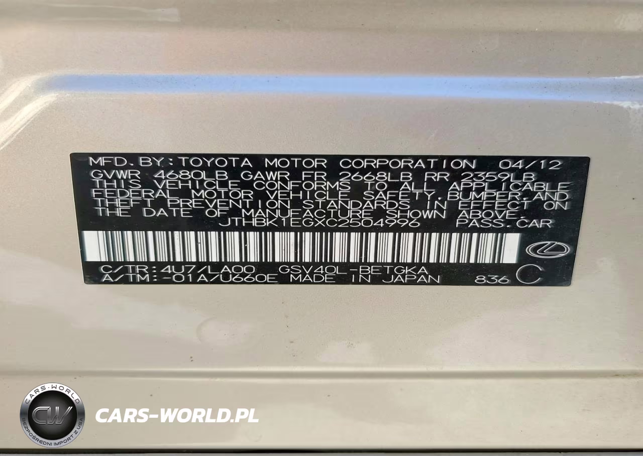 2012 Lexus Es 350 VIN:JTHBK1EGXC2504996 - 13