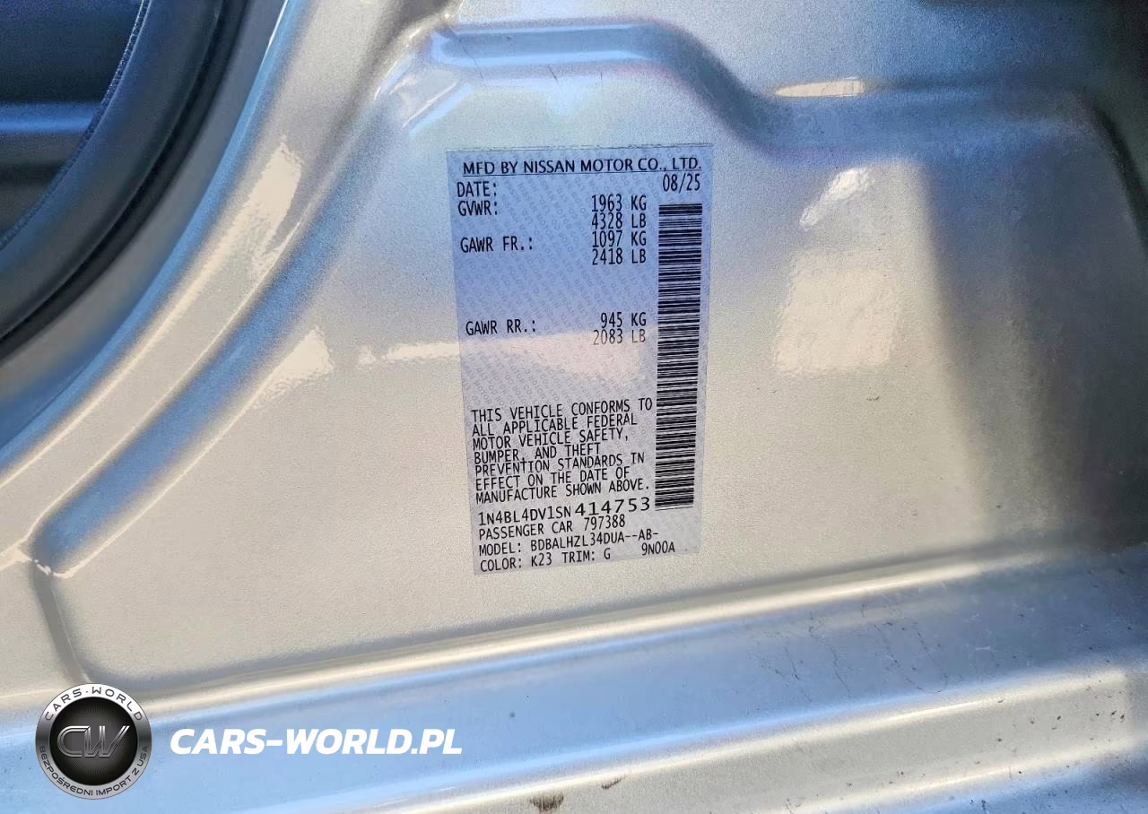 2025 Nissan Altima Sv VIN:1N4BL4DV1SN414753 - 13