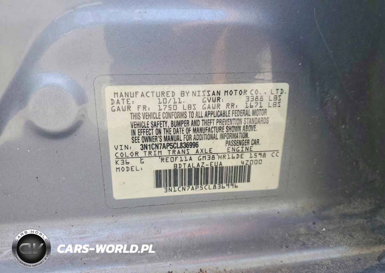 2012 Nissan Versa 1.6 S VIN:3N1CN7AP5CL836996 - 12