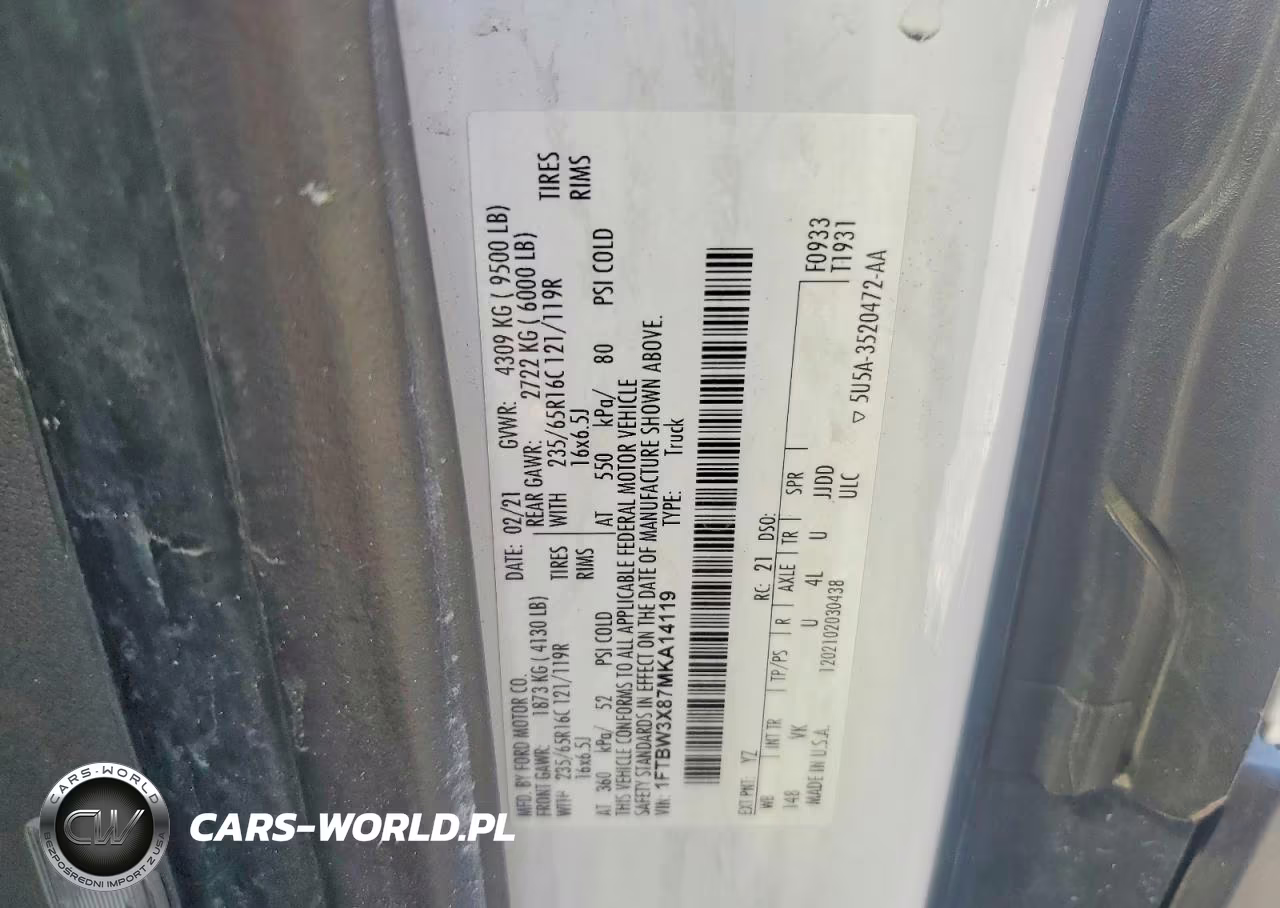 2021 Ford Transit T-350 Delivery Van VIN:1FTBW3X87MKA14119 - 14