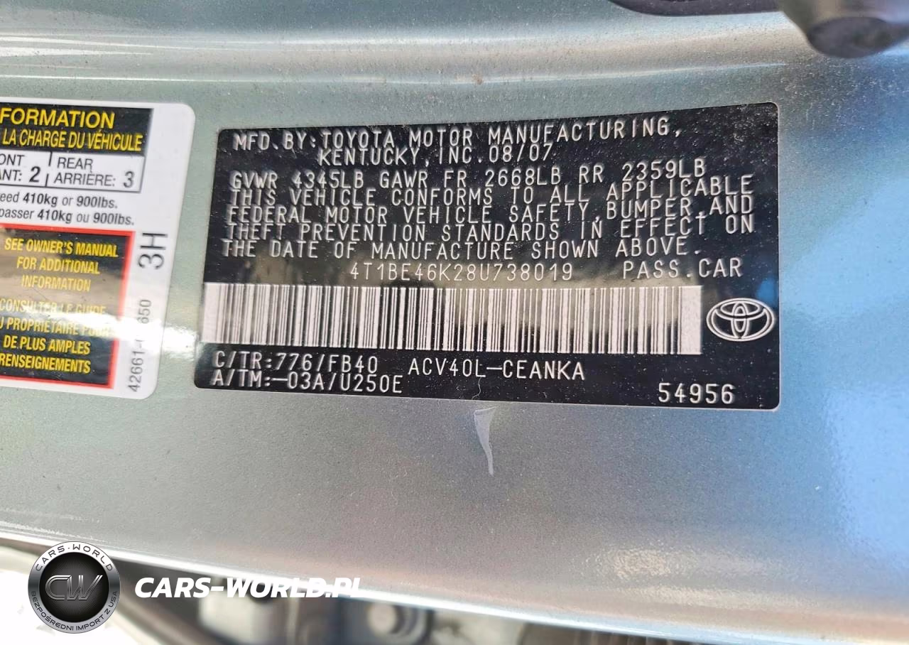 2008 Toyota Camry Le VIN:4T1BE46K28U738019 - 12