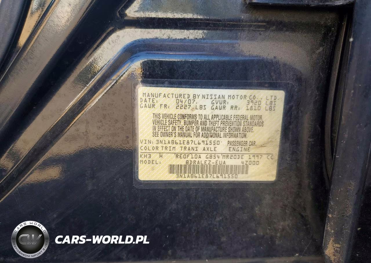 2007 Nissan Sentra 2.0 VIN:3N1AB61E87L691550 - 12