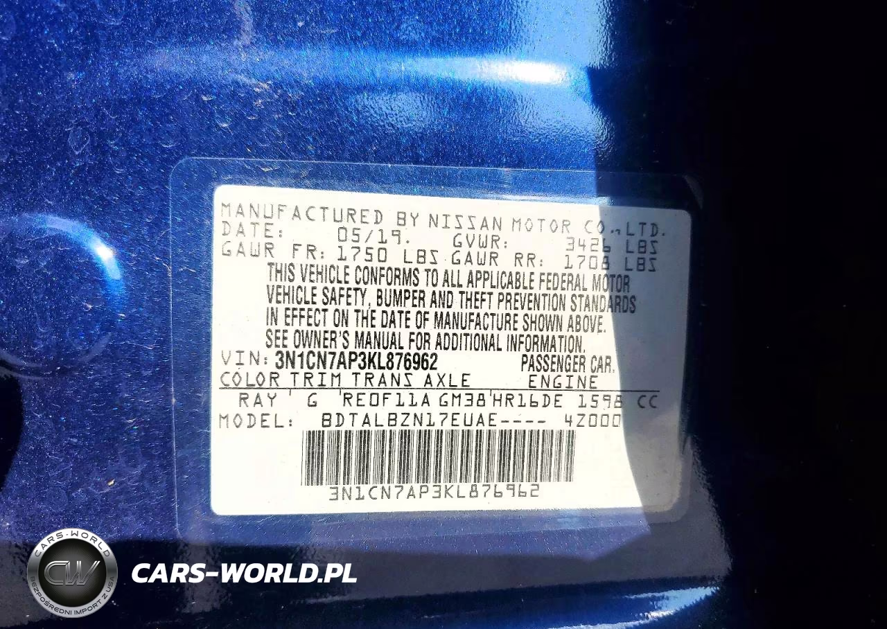 2019 Nissan Versa Sv VIN:3N1CN7AP3KL876962 - 13