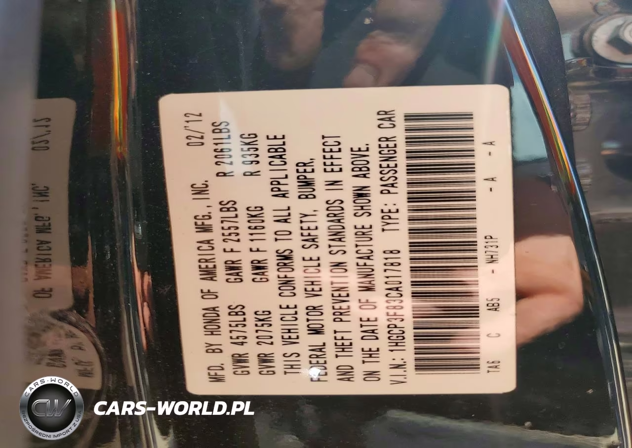 2012 Honda Accord Exl VIN:1HGCP3F83CA017818 - 12
