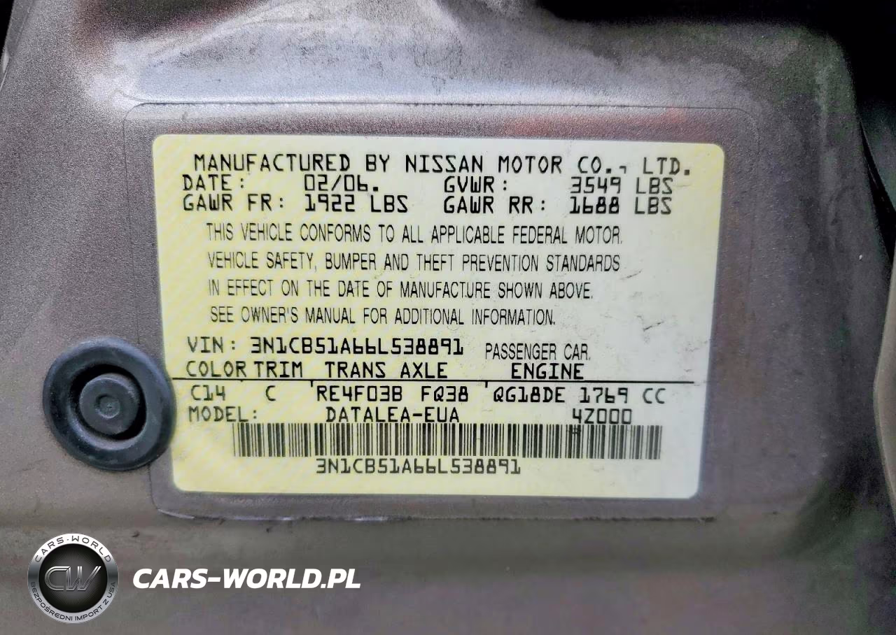 2006 Nissan Sentra 1.8 S VIN:3N1CB51A66L538891 - 13