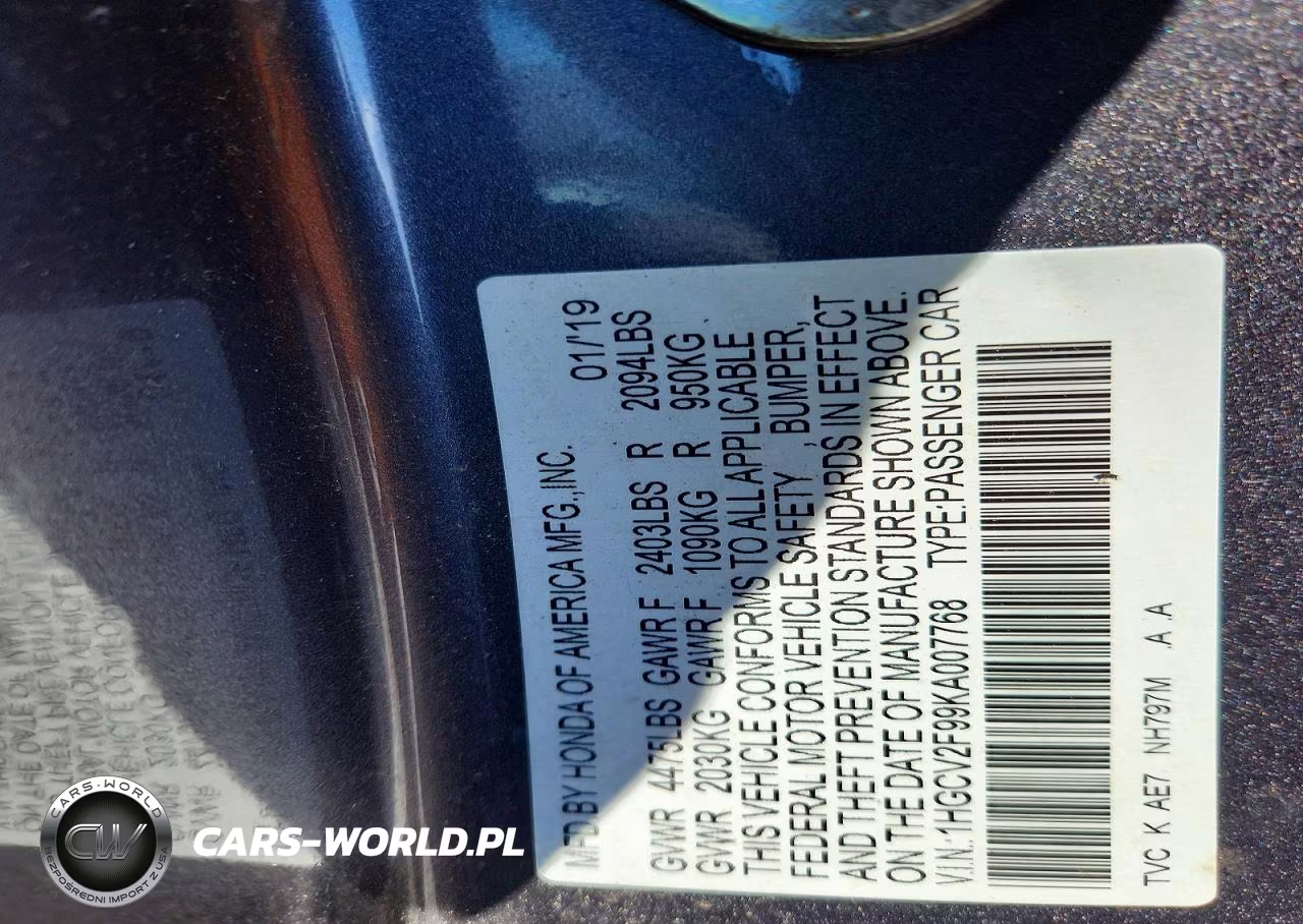 2019 Honda Accord Touring VIN:1HGCV2F99KA007768 - 12