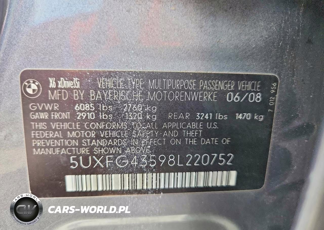2008 BMW X6 xDrive35I VIN:5UXFG43598L220752 - 14