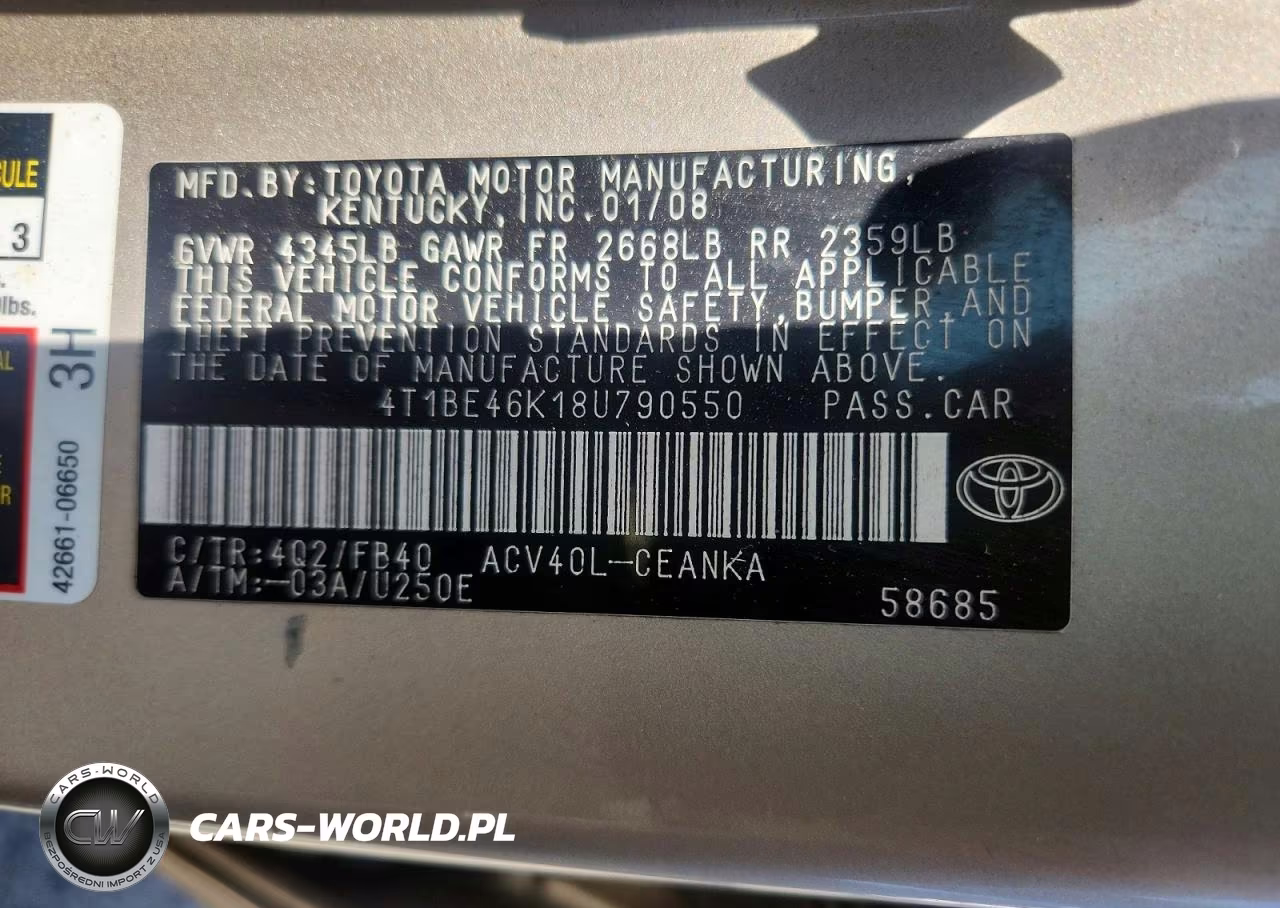 2008 Toyota Camry Le VIN:4T1BE46K18U790550 - 12