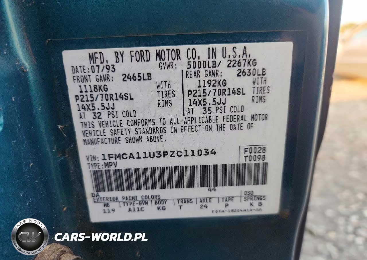 1993 Ford Aerostar VIN:1FMCA11U3PZC11034 - 13