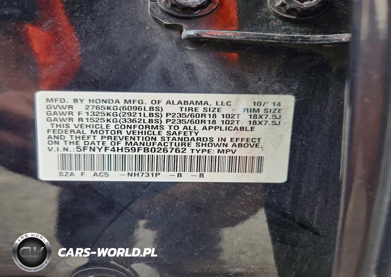 2015 Honda Pilot Exl VIN:5FNYF4H59FB026762 - 13