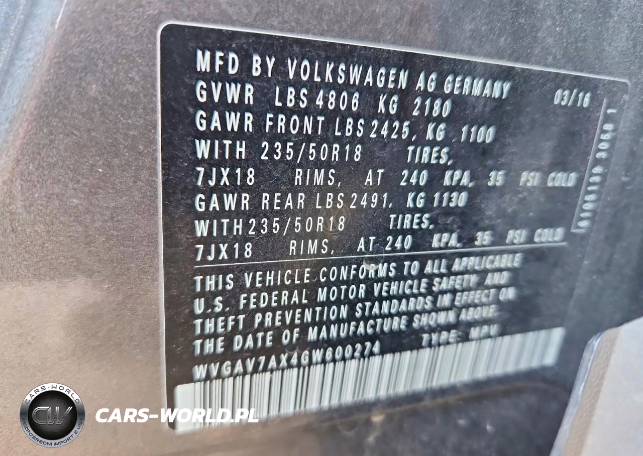 2016 Volkswagen Tiguan S VIN:WVGAV7AX4GW600274 - 13