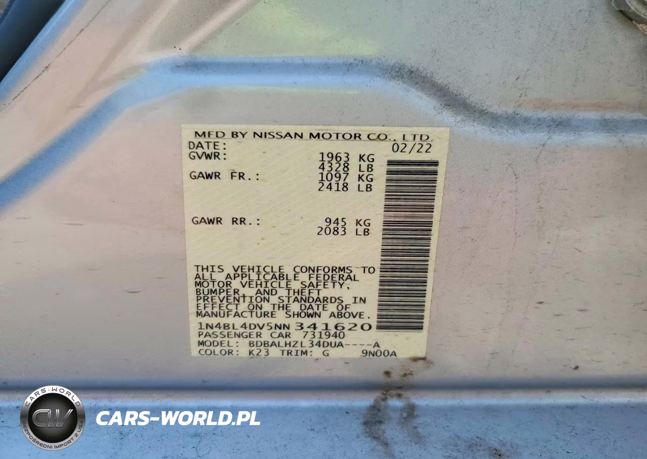 2022 Nissan Altima Sv VIN:1N4BL4DV5NN341620 - 12