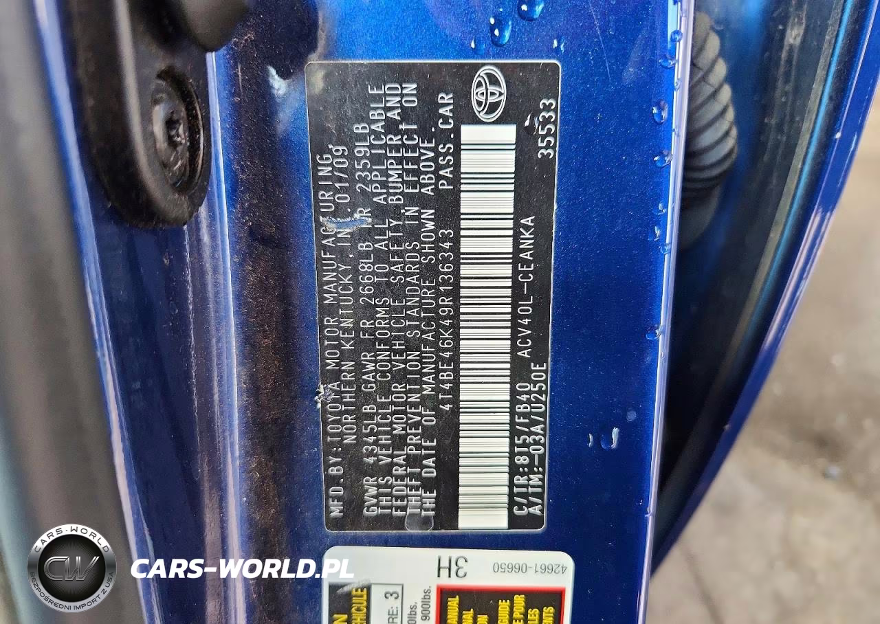 2009 Toyota Camry Base VIN:4T4BE46K49R136343 - 12