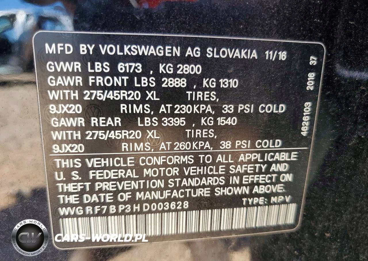 2017 Volkswagen Touareg Wolfsburg VIN:WVGRF7BP3HD003628 - 13