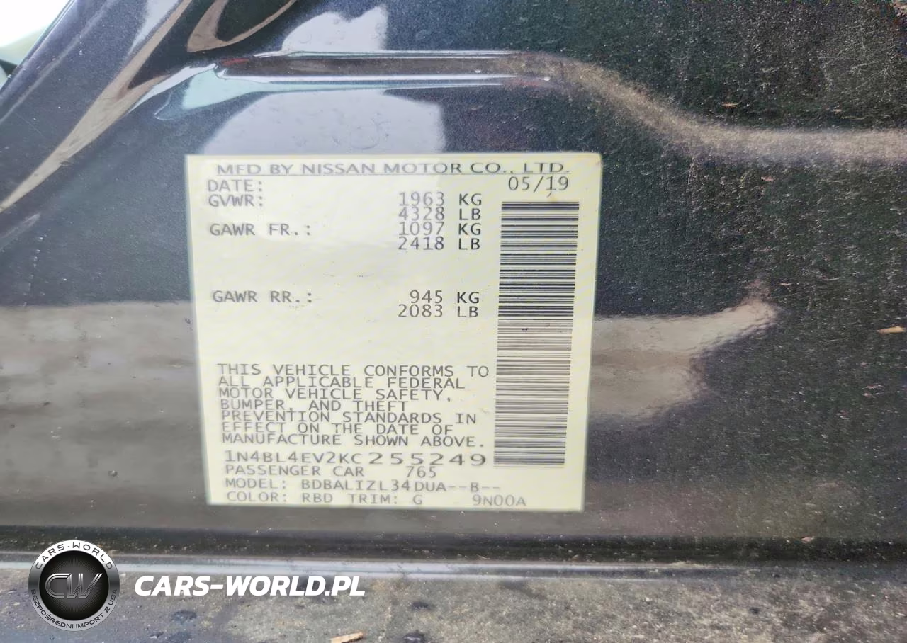 2019 Nissan Altima Sl VIN:1N4BL4EV2KC255249 - 12