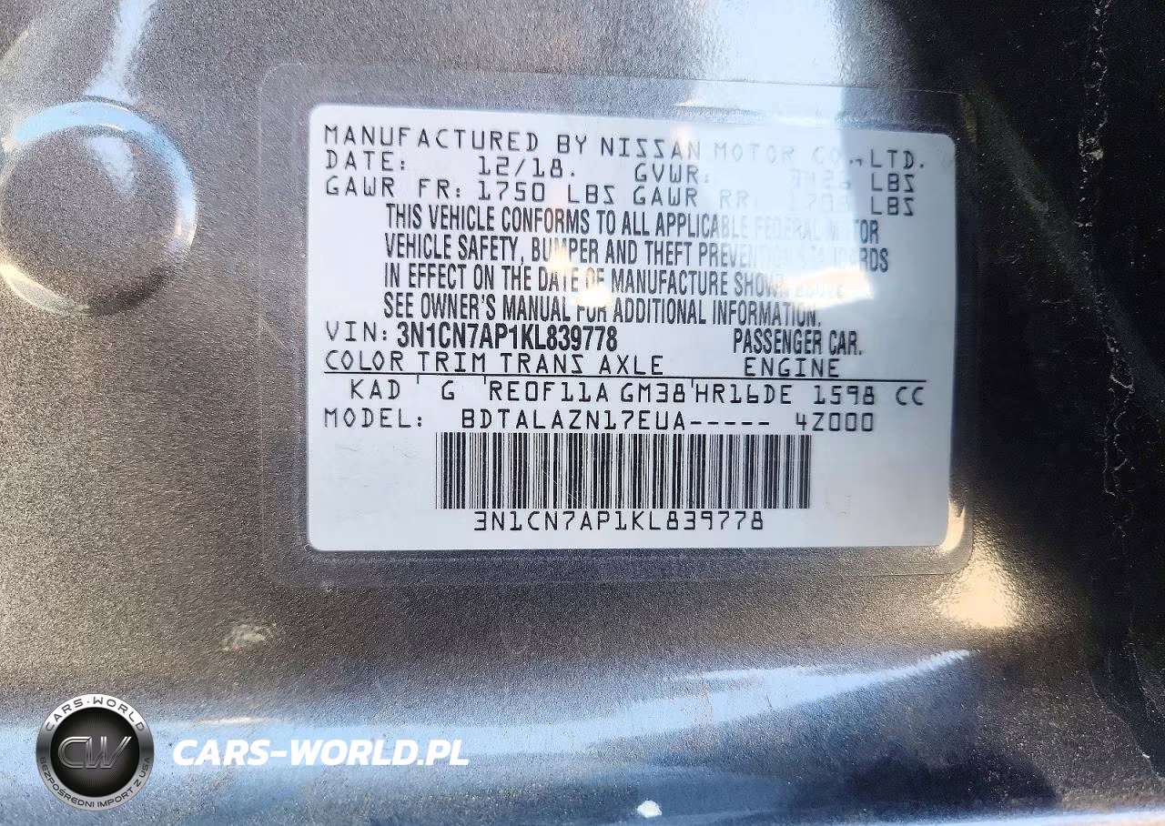 2019 Nissan Versa S Plus VIN:3N1CN7AP1KL839778 - 12