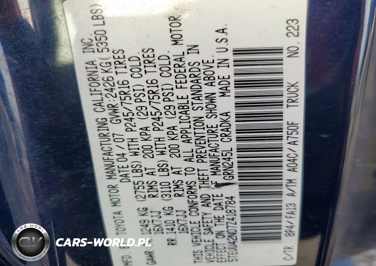 2007 Toyota Tacoma V6 VIN:5TEUU42N07Z418784 - 12