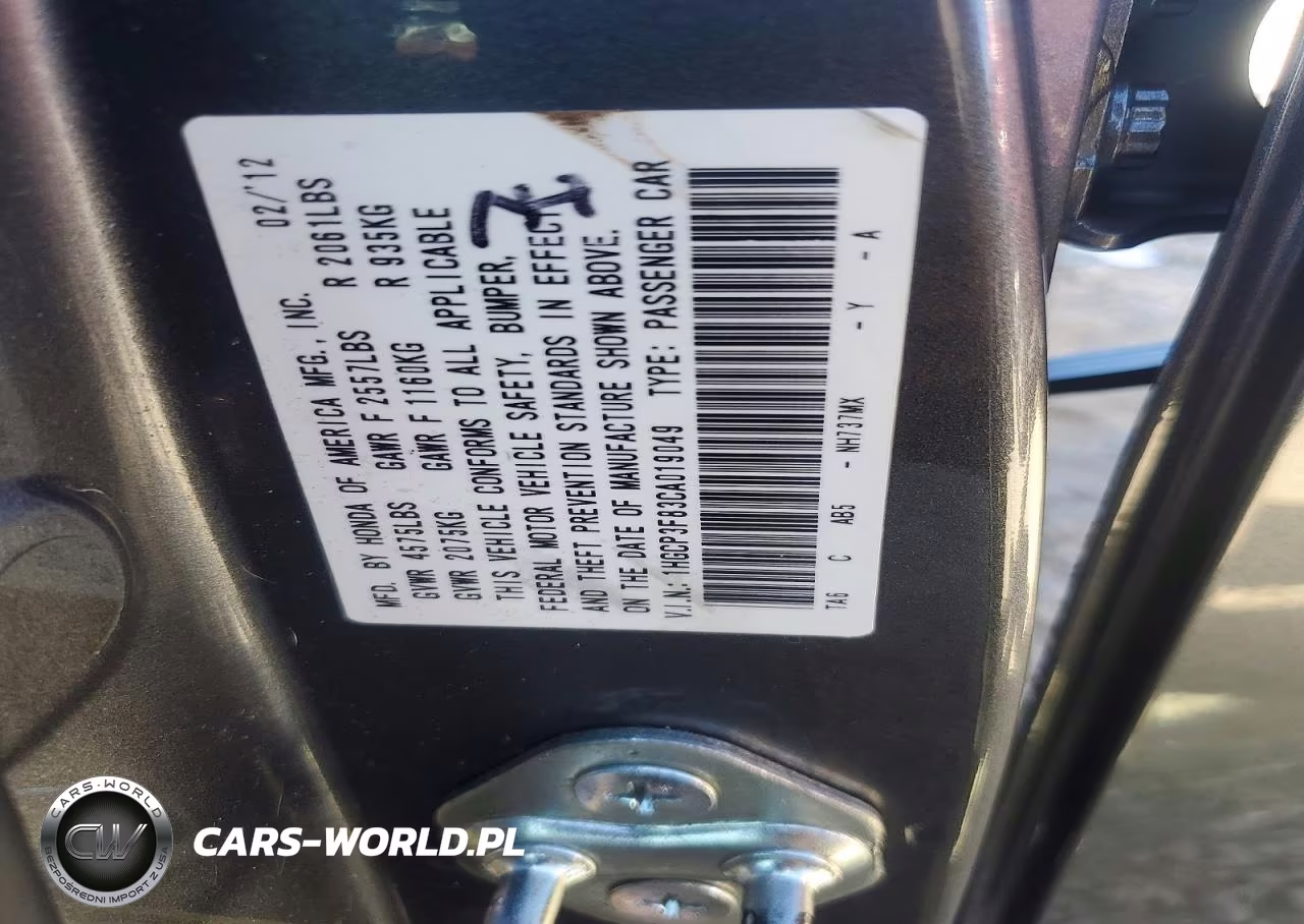 2012 Honda Accord Exl VIN:1HGCP3F83CA019049 - 12