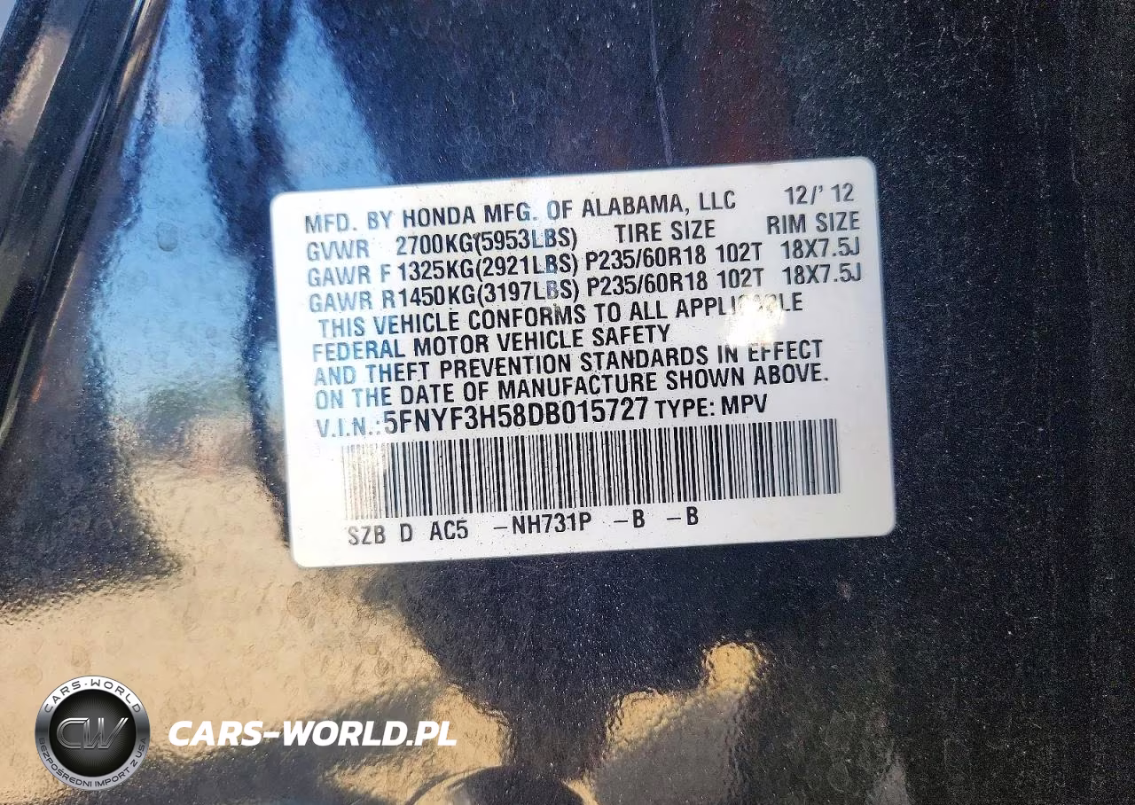2013 Honda Pilot Exl VIN:5FNYF3H58DB015727 - 14