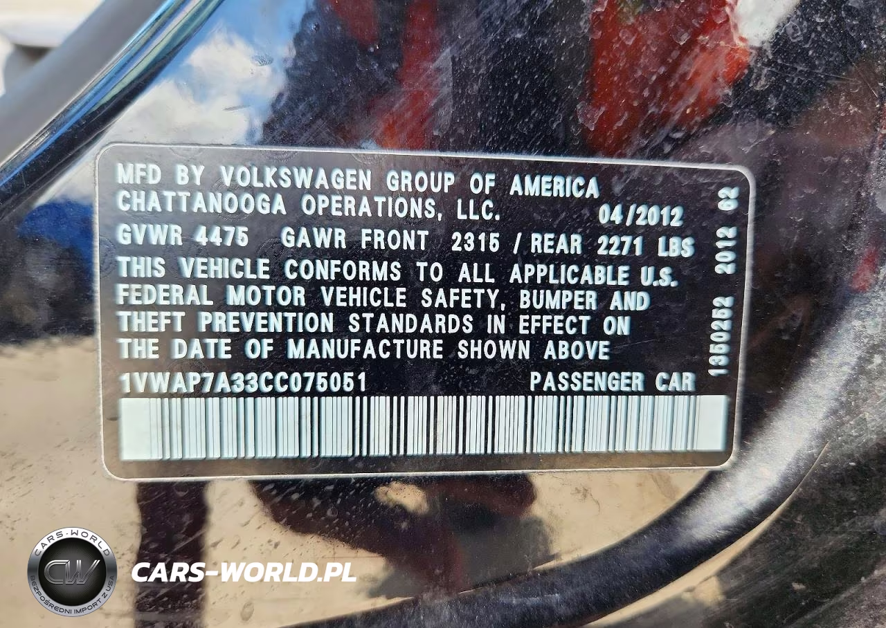 2012 Volkswagen Passat S VIN:1VWAP7A33CC075051 - 12