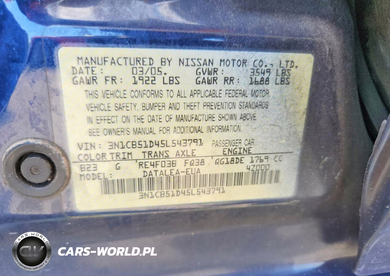 2005 Nissan Sentra 1.8 VIN:3N1CB51D45L543791 - 12