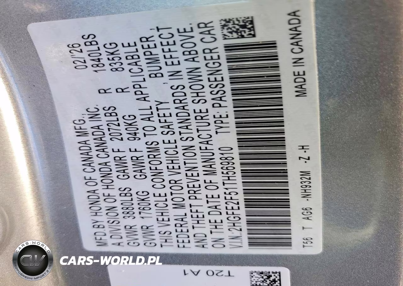 2026 Honda Civic Sport VIN:2HGFE2F51TH569810 - 12