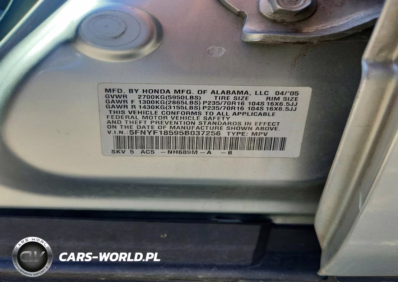 2005 Honda Pilot Exl VIN:5FNYF18595B037256 - 13