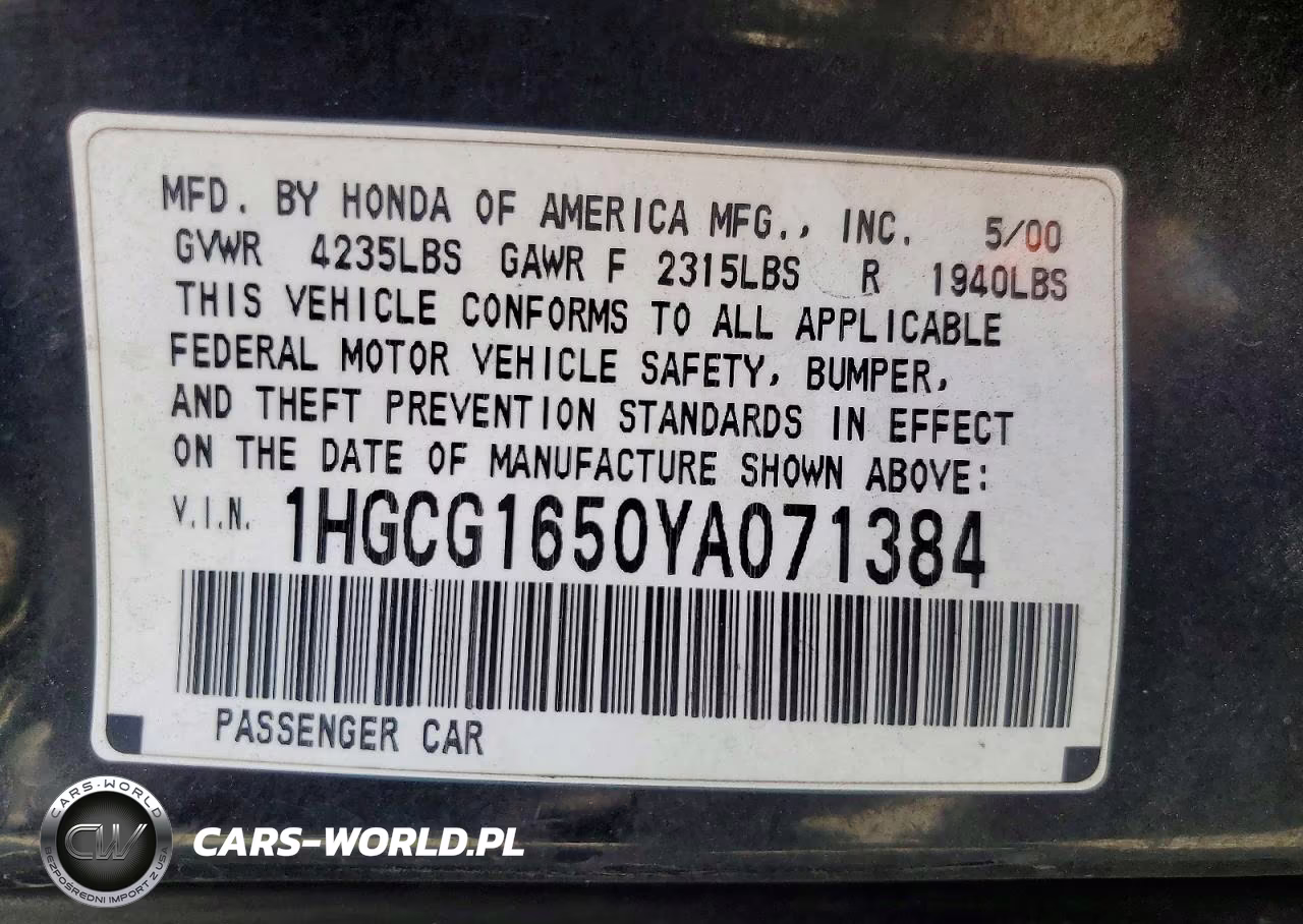 2000 Honda Accord Ex VIN:1HGCG1650YA071384 - 12
