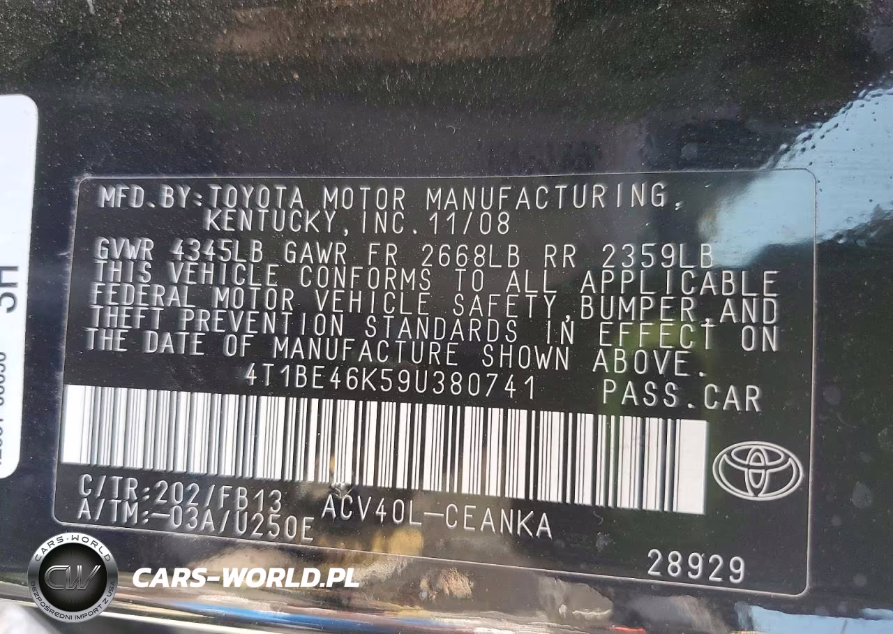 2009 Toyota Camry Le VIN:4T1BE46K59U380741 - 13