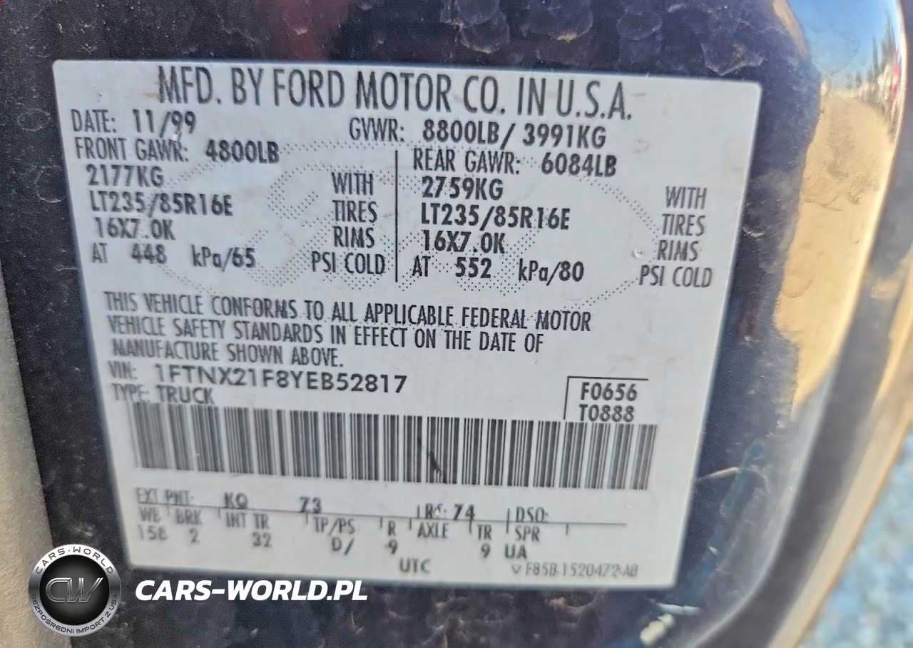 2000 Ford F250 Super Duty VIN:1FTNX21F8YEB52817 - 12