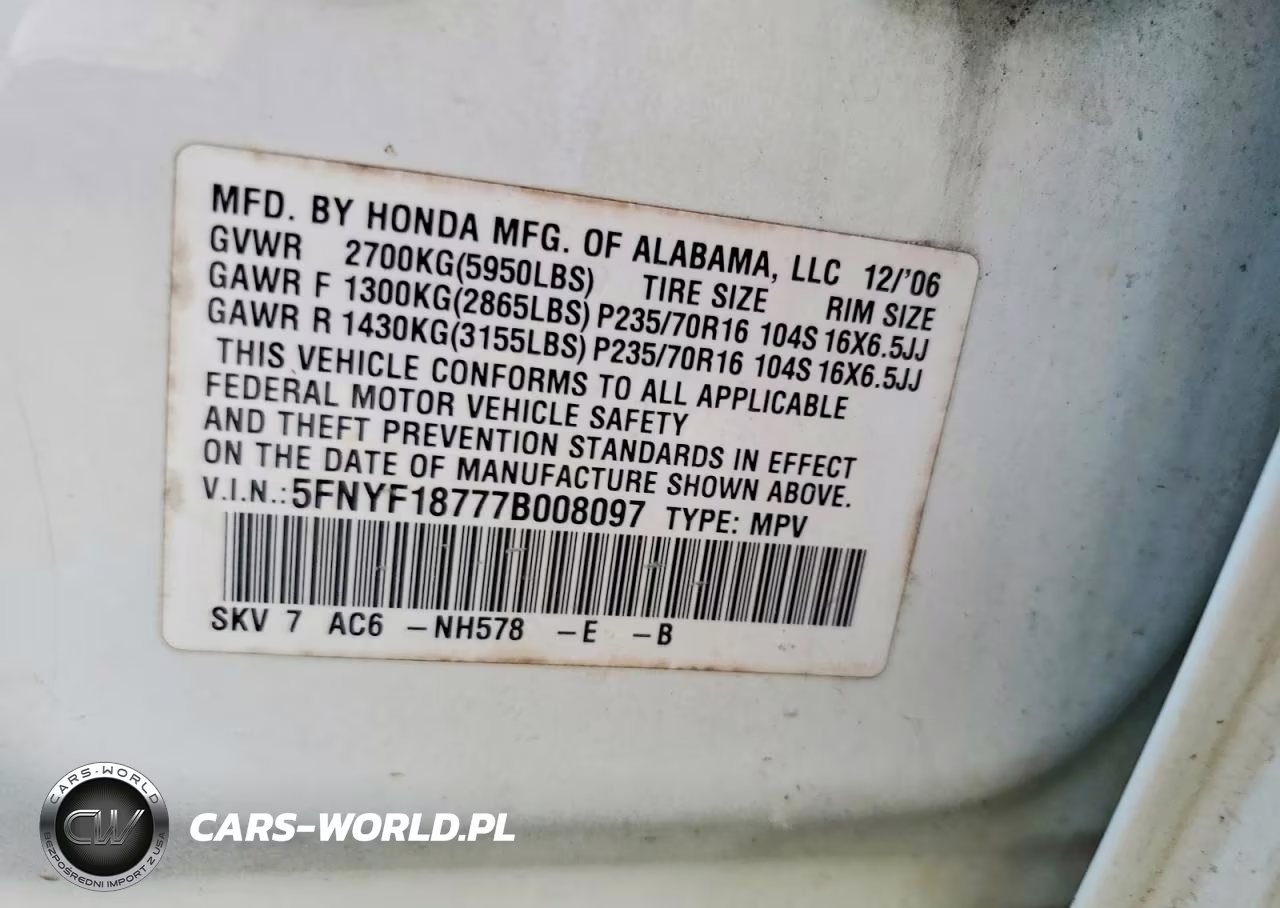 2007 Honda Pilot Exl VIN:5FNYF18777B008097 - 13