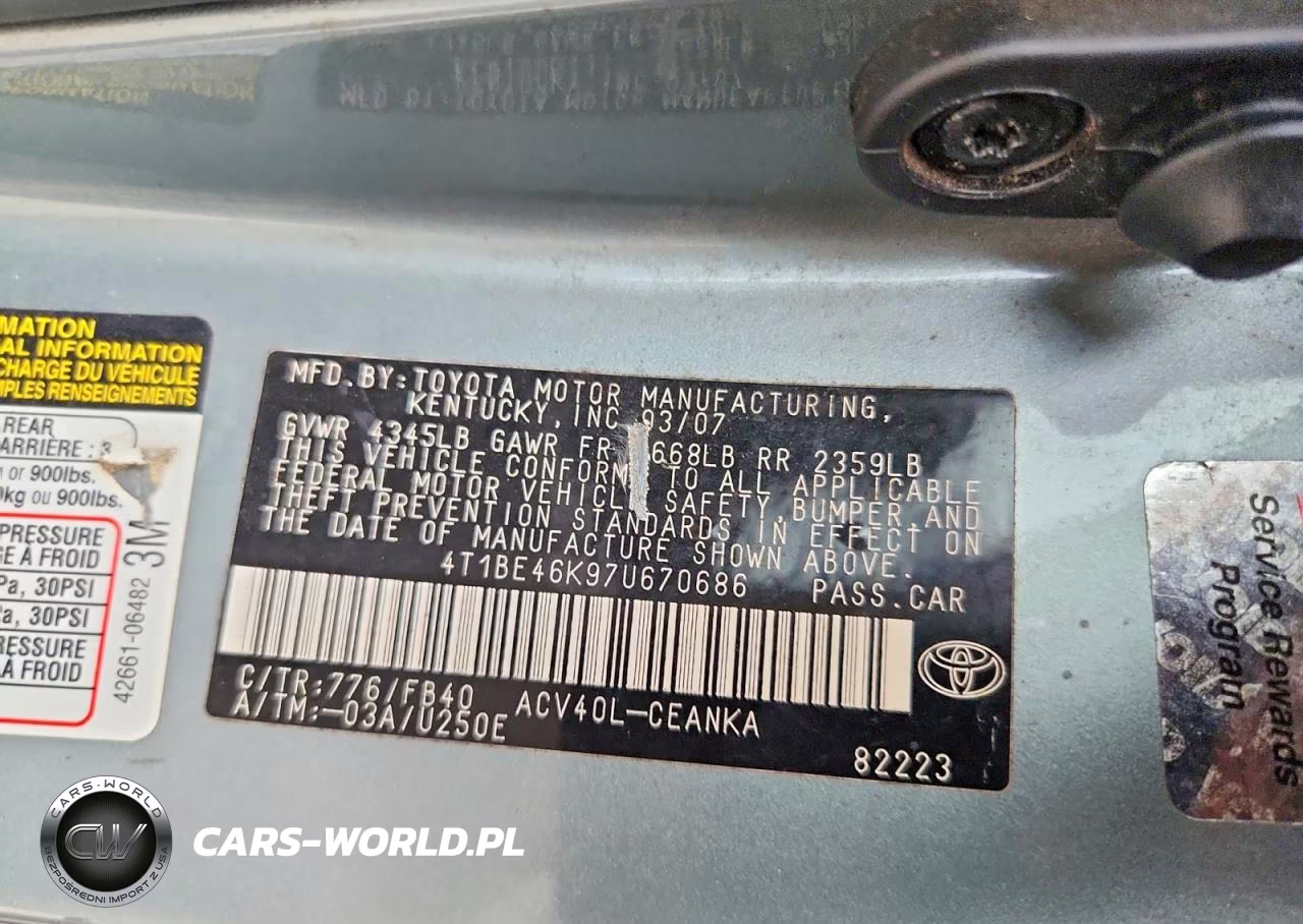 2007 Toyota Camry Le VIN:4T1BE46K97U670686 - 12