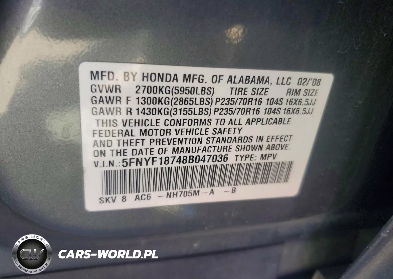2008 Honda Pilot Exl VIN:5FNYF18748B047036 - 13