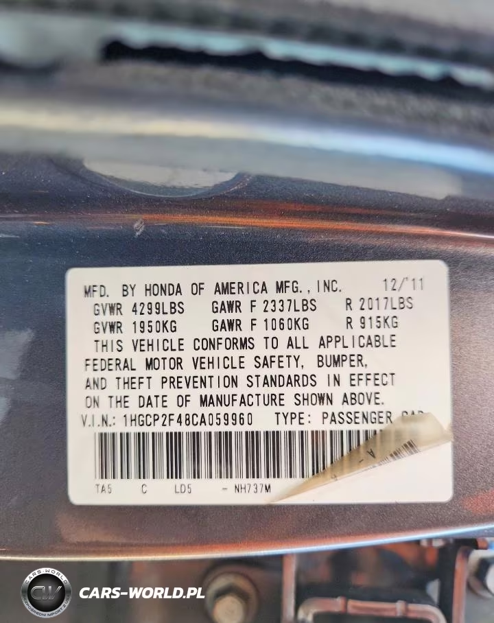 2012 Honda Accord Lxp VIN:1HGCP2F48CA059960 - 12