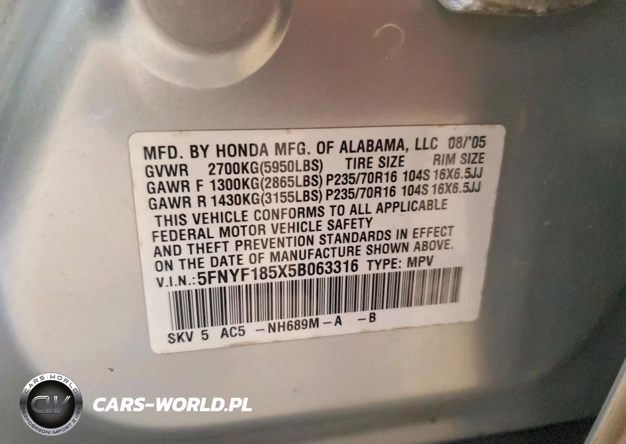 2005 Honda Pilot Exl VIN:5FNYF185X5B063316 - 13