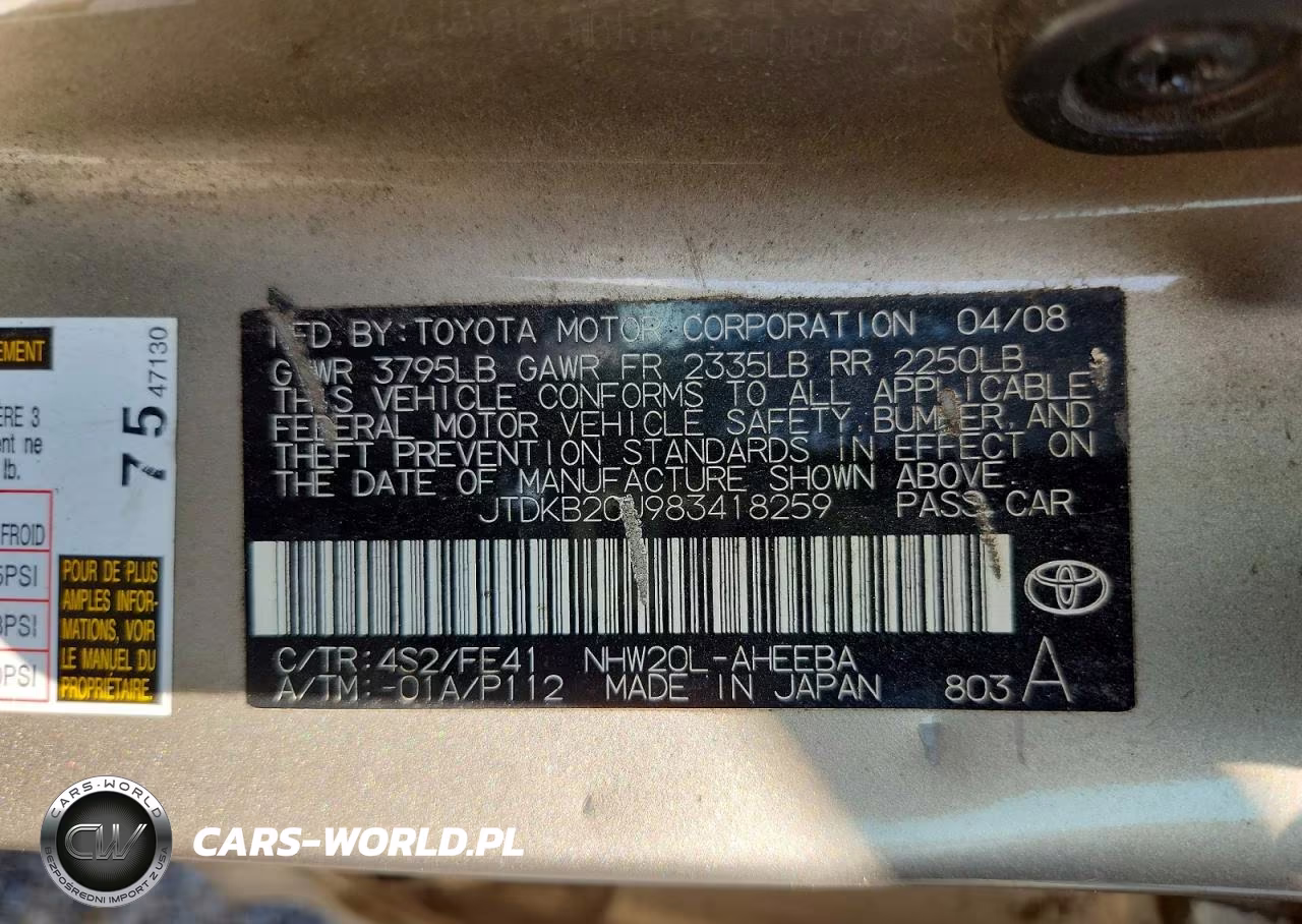 2008 Toyota Prius Base VIN:JTDKB20U983418259 - 12