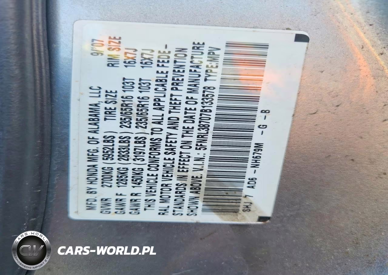 2007 Honda Odyssey Exl VIN:5FNRL38707B133578 - 13