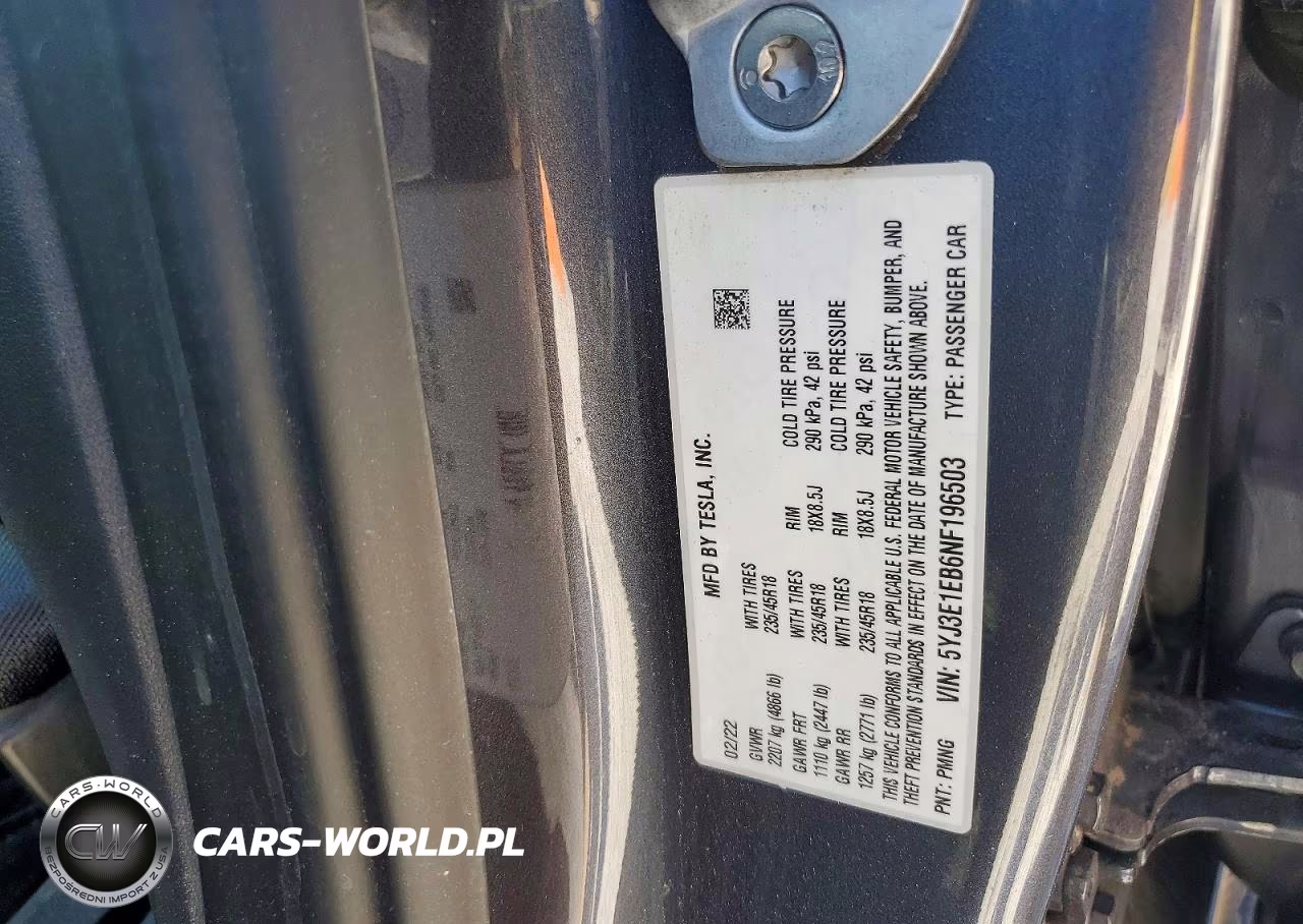 2022 Tesla Model 3 VIN:5YJ3E1EB6NF196503 - 12