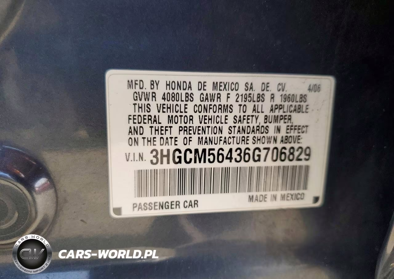 2006 Honda Accord Lx VIN:3HGCM56436G706829 - 12