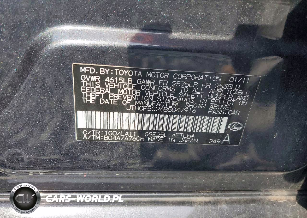 2011 Lexus Is 250 VIN:JTHCF5C26B5047916 - 12